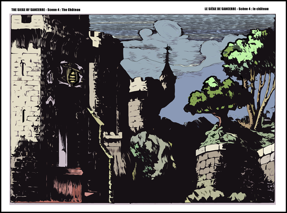 A woodcut toy theatre back drop showing the chateau of Sancerre with the Sancerre coat of arms visible above the entrance to the castle, top left