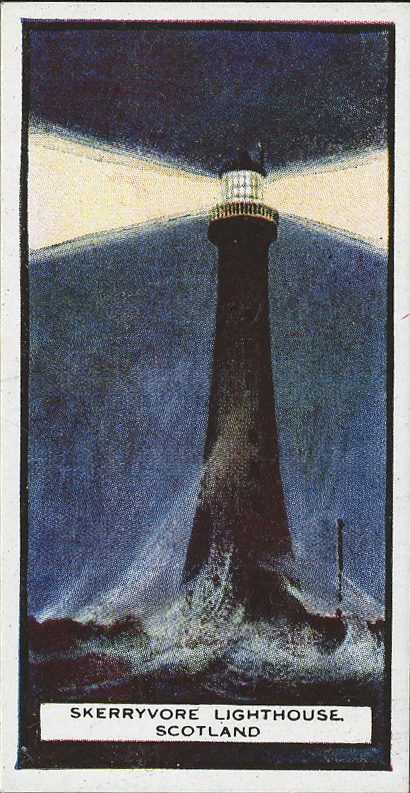 An old cigarette card showing the Skerryvore lighthouse in Scotland built by RLStevenson's uncle