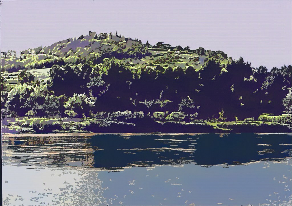 This backdrop from the toy theatre drama, Le Siege de Sancerre, The Siege of Sancerre, is adapted from a photograph taken of Sancerre from the otherside of the river from St Thibault, by Marcelle Vatan, one of the first women in France to have the Diplome in Photography in Paris